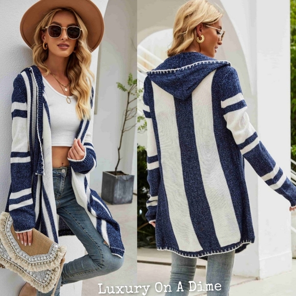 Long Hooded Oversized Knit Open Front Drape Cardigan Handkerchief Bohemian Chic - Picture 3 of 14